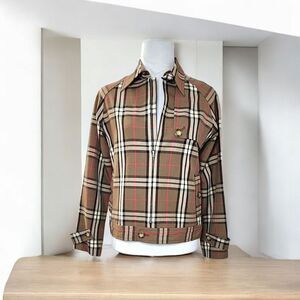 A.V.V Michel Klein Paris Brown Plaid Full Zip Jacket Womens Size 38 Pink Stripe